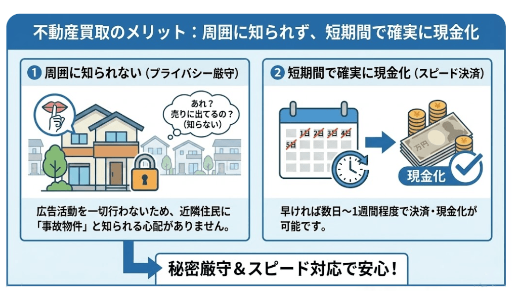 不動産買取の周囲に知られず、短期間で確実に現金化できるメリットの説明の画像です。