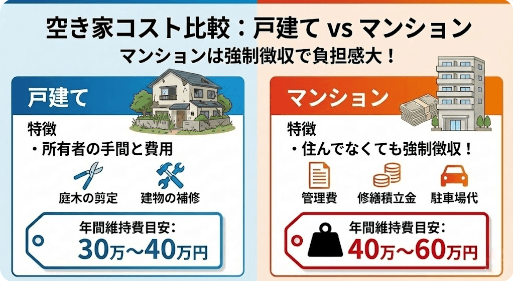 【年間コスト】戸建てとマンションの平均維持費目安の比較画像です