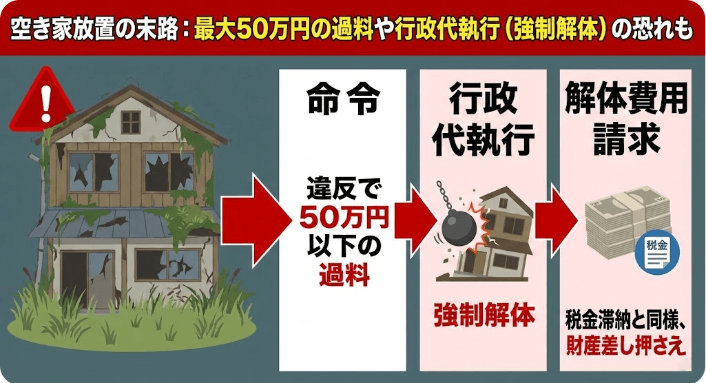 空き家の放置を続けると最大50万円の過料や行政代執行（強制解体）の恐れがある説明の画像です。