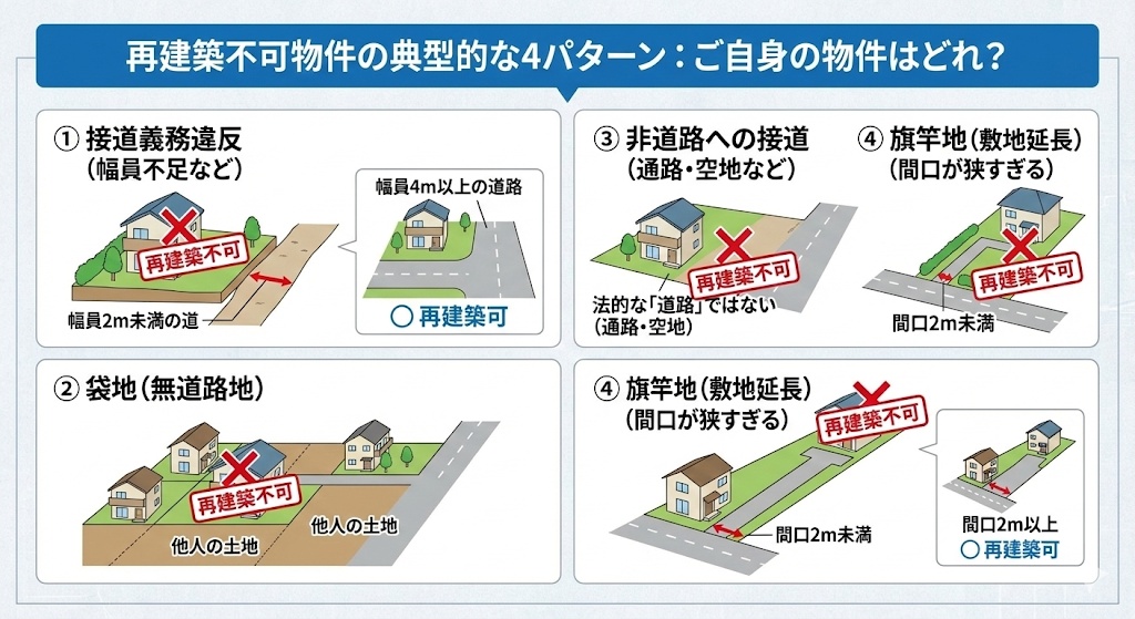 あなたの物件はどれ？「再建築不可」に該当する主なパターンの説明の画像です。