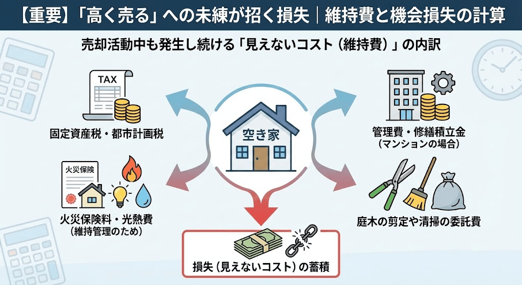 「高く売る」への未練が招く損失｜維持費と機会損失の計算という説明の画像です。