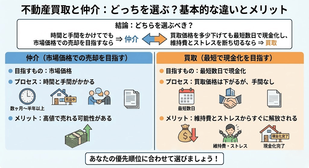不動産買取と仲介はどっちを選ぶべき？基本的な違いとメリットの比較の画像です。