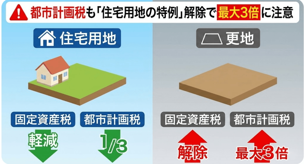 都市計画税も「住宅用地の特例」解除で最大3倍になる点に注意という内容の説明の画像です。