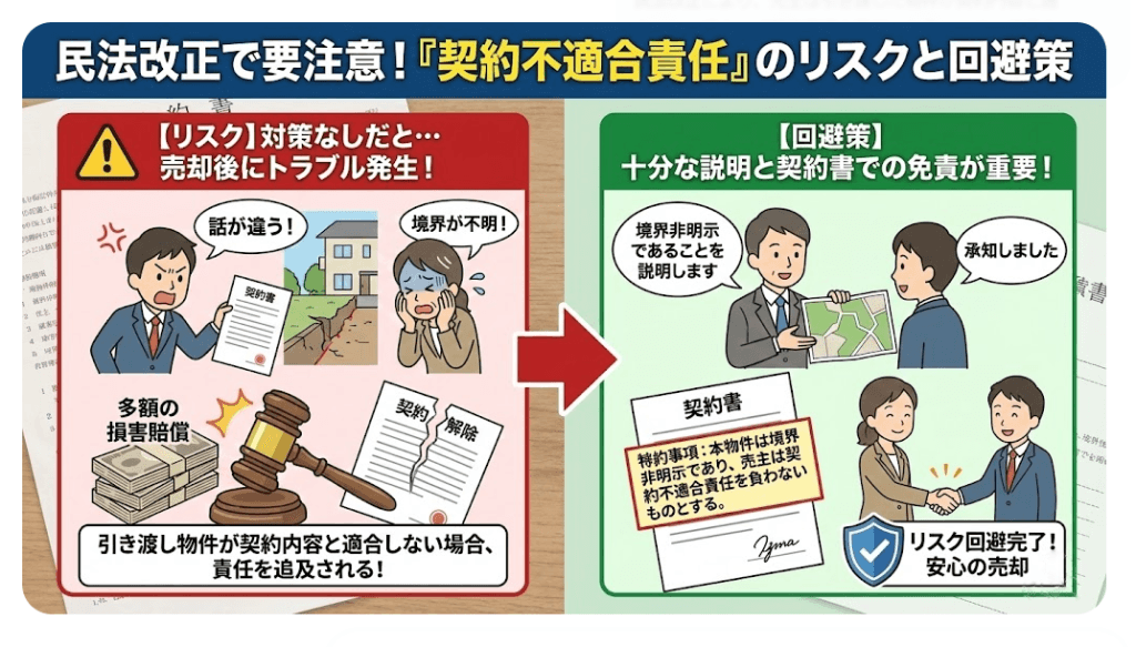 買主から「契約不適合責任」を問われ、損害賠償請求されるリスクの説明の画像です。