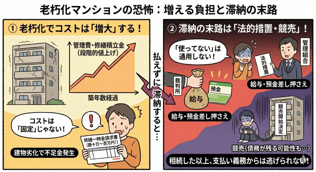 老朽化のコストの滞納が続けば給与差し押さえや競売の対象にもなるという説明の画像です。
