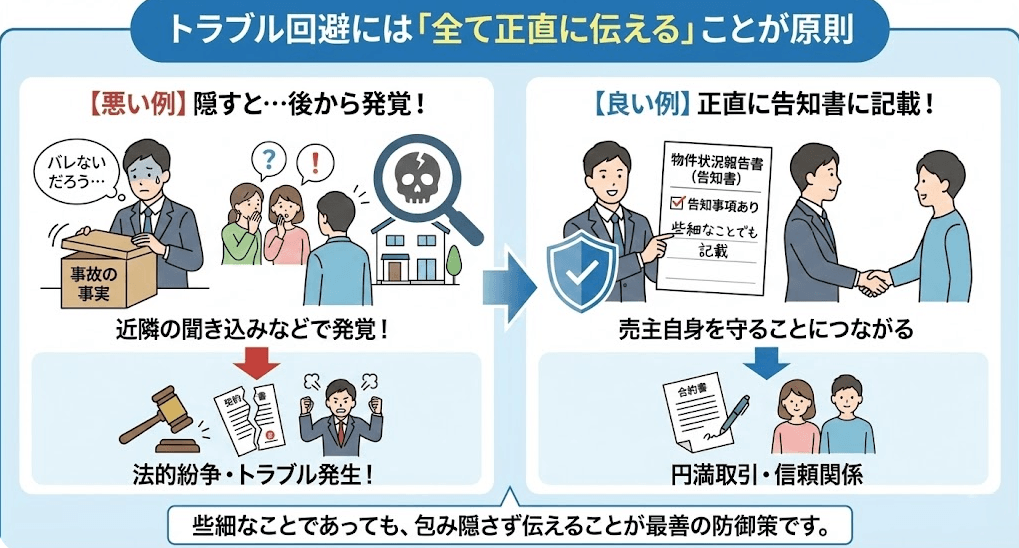 告知義務を怠った場合に売主が負うリスクとトラブル回避の説明の画像です。