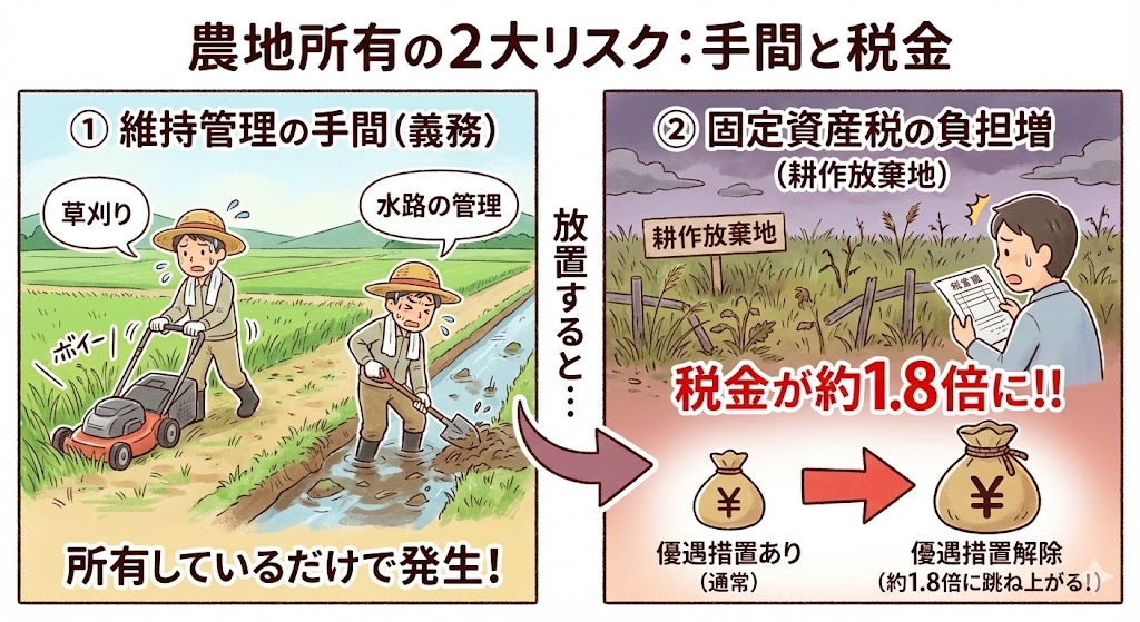 農地の維持管理の手間と固定資産税の負担が買い手のリスクになるという説明の画像です。