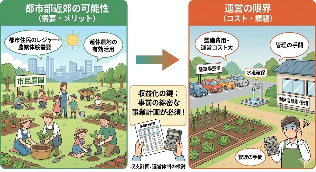 市民農園として貸し出す方法の可能性と限界という説明の画像です。