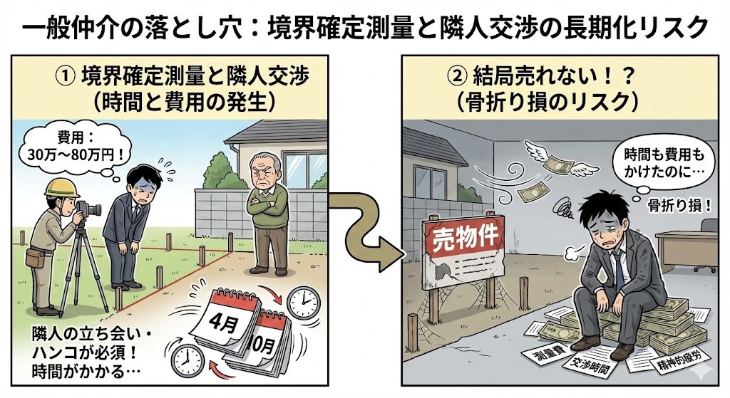 境界確定測量や隣人との交渉が必要になり、売却まで時間がかかるという説明の画像です。