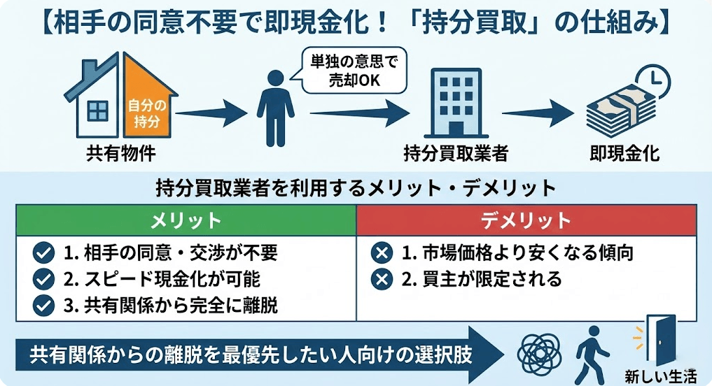 相手の同意不要で即現金化！「持分買取」の仕組みの説明の画像です。