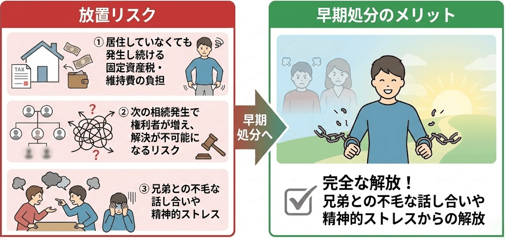 共有持分を放置し続ける3つのリスクと早期処分のメリットの説明の画像です。