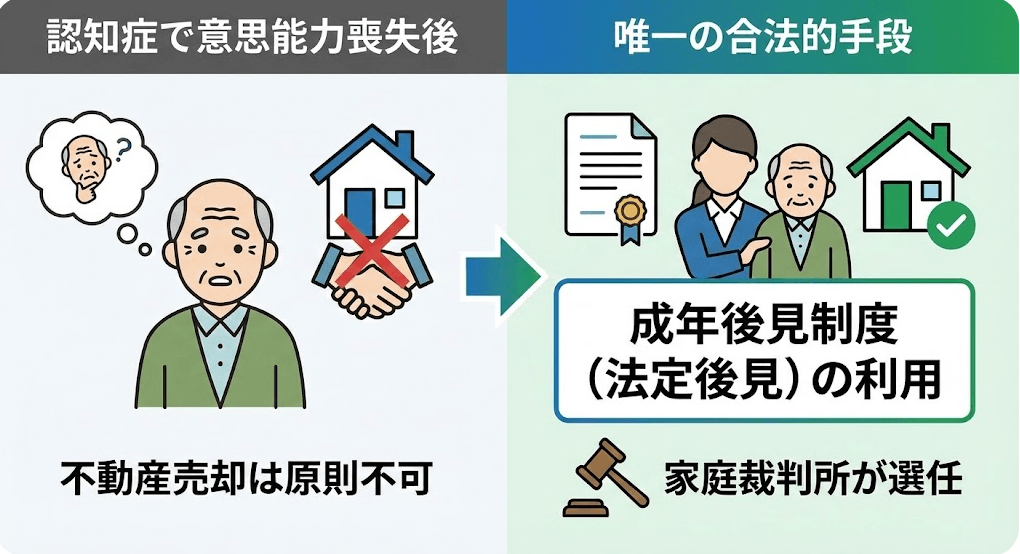 認知症発症後に不動産を売る唯一の方法「成年後見制度」の説明の画像です。