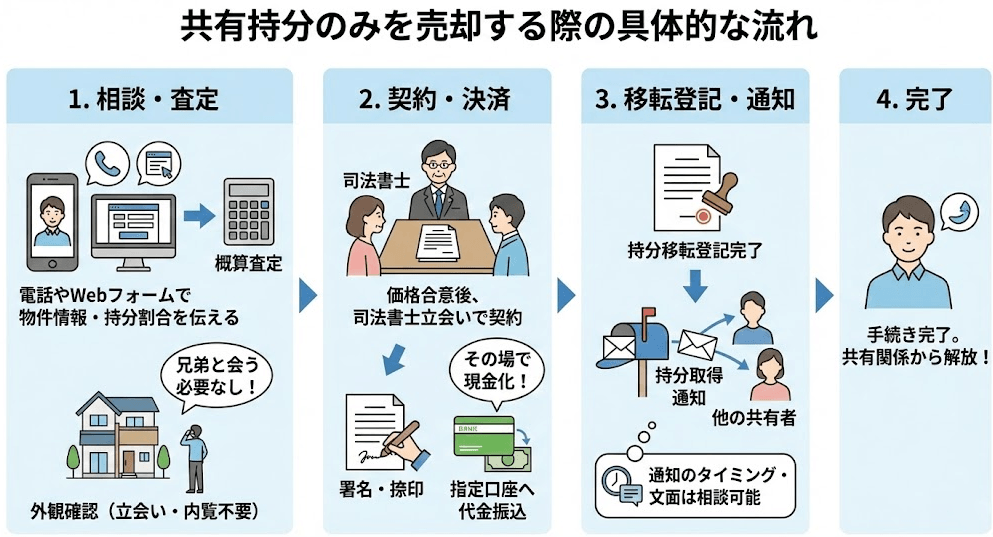 共有持分のみを売却する際の具体的な流れの説明の画像です。