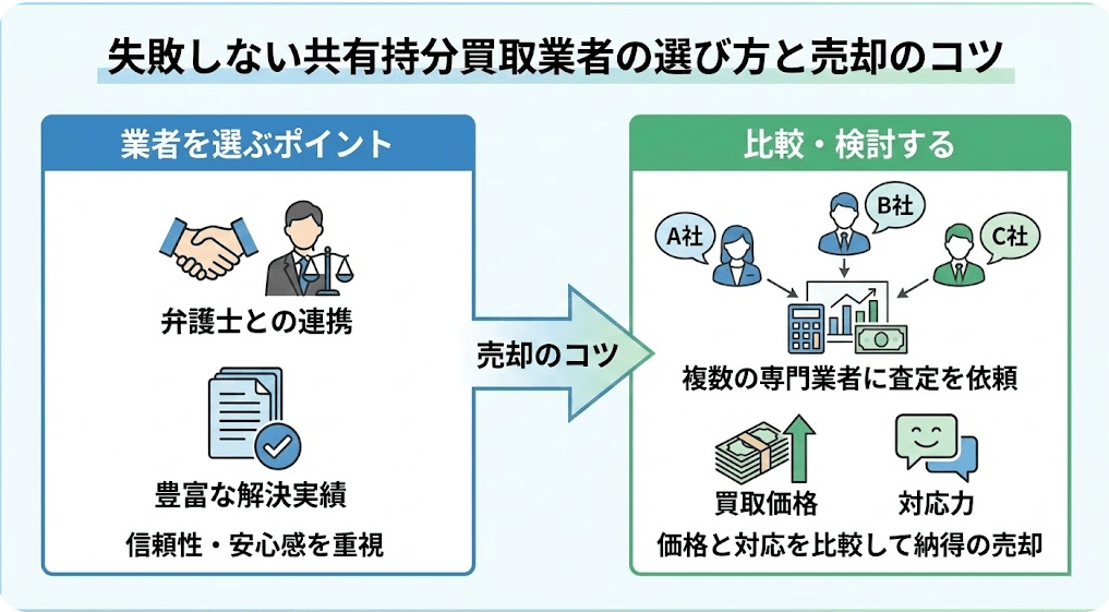 失敗しない共有持分買取業者の選び方と売却のコツの説明の画像です。