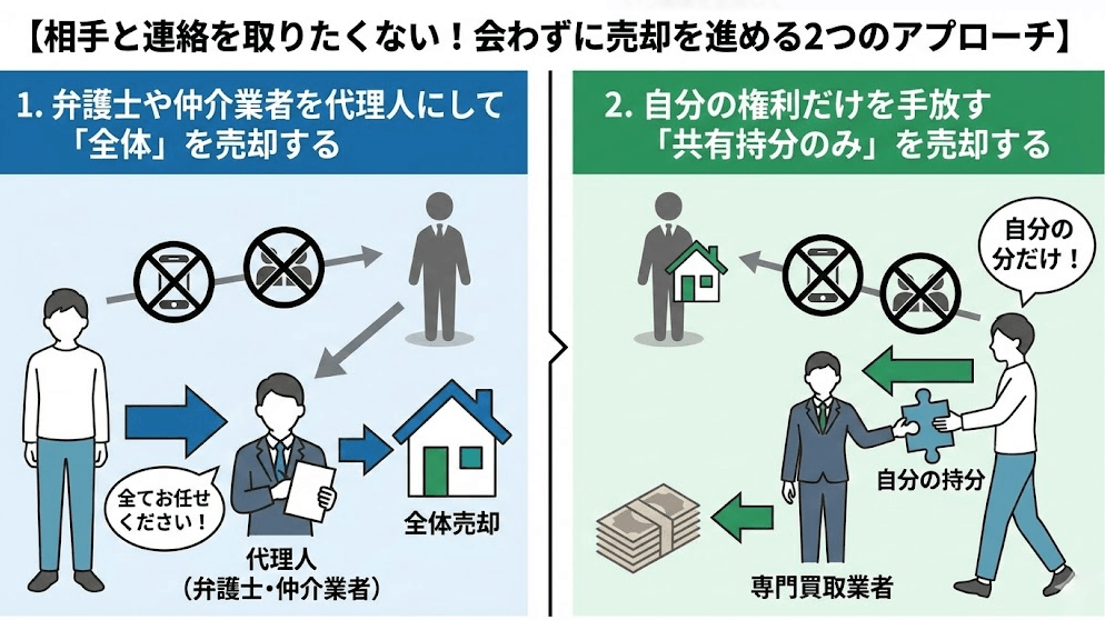 相手と連絡を取りたくない！会わずに売却を進める2つのアプローチの説明の画像です。