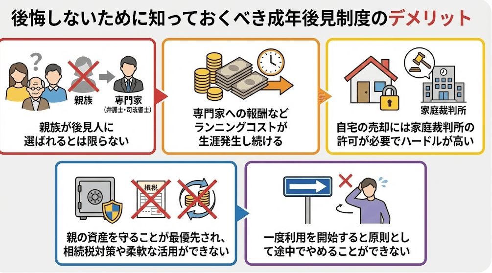後悔しないために知っておくべき成年後見制度のデメリットの説明の画像です。
